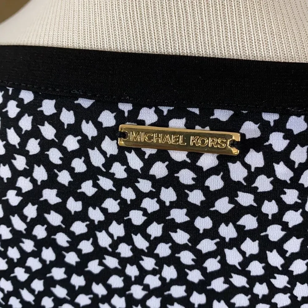 Michael Kors Black White Polyester Stretch 3/4 Sleeve Shift Dress Size M